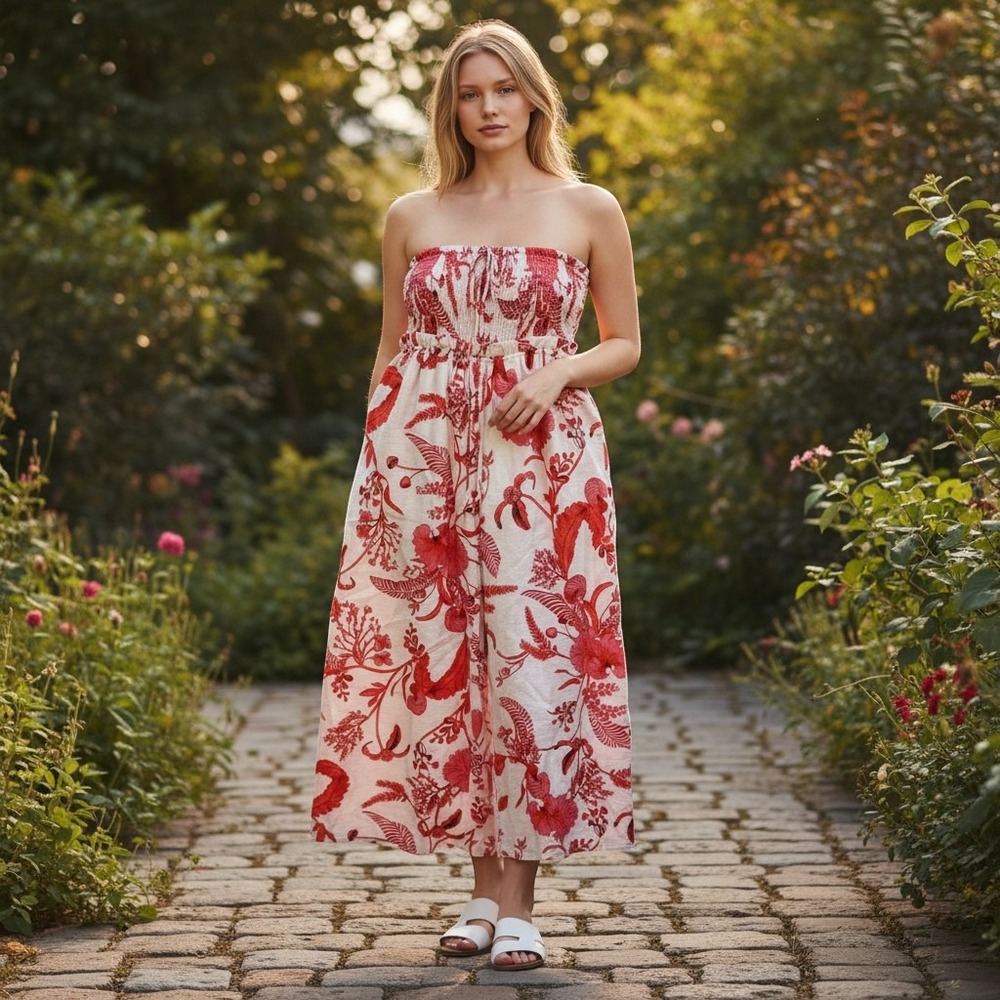 Doe and Rae Red Floral Smocked Strapless Wide Leg Jumpsuit Small